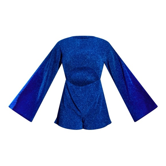 Princess Polly Bright Blue Glitter Plisse Flare Sleeve Cut Out Romper - Picture 1 of 5